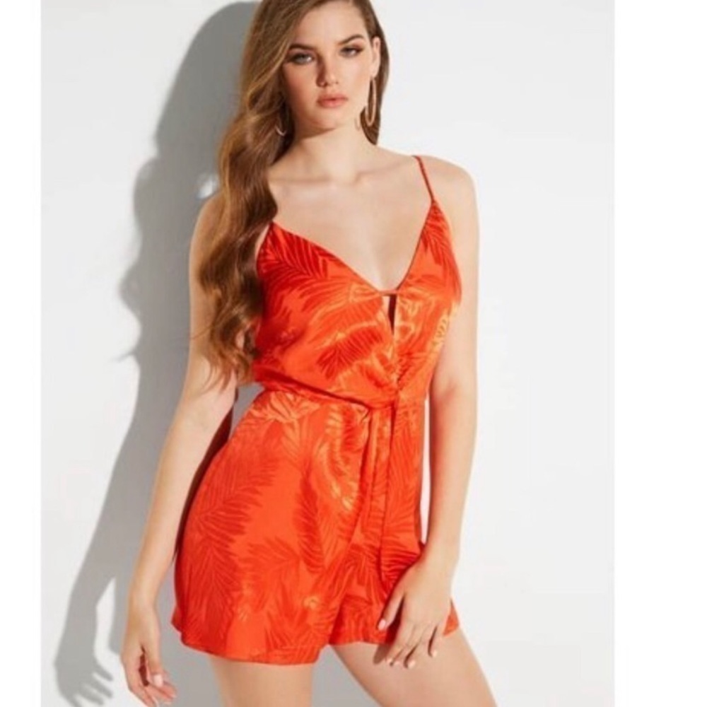 Guess Desta Romper  Size 10 Brand New Nwt Tangerine Orange Leaf Design